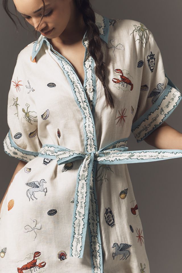 ALÉMAIS Sandy Linen Short-Sleeve Embroidered Midi Shirtdress #3