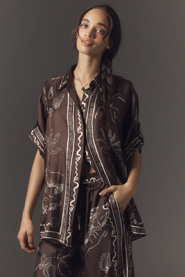 Shop Alemais Sammy Short-sleeve Silk Satin Buttondown Blouse In Brown