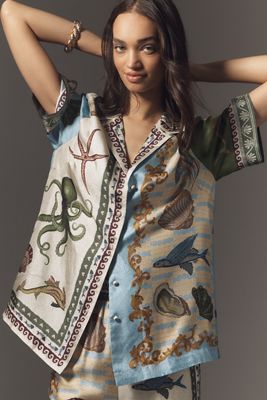 ALÉMAIS Sandy Linen Short-Sleeve Embroidered Midi Shirtdress