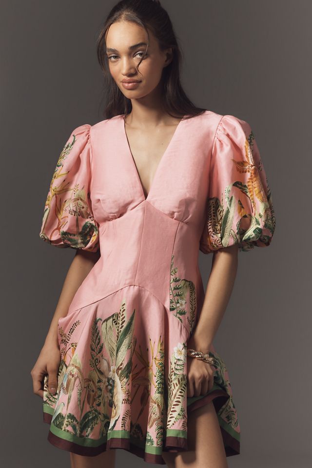 ALÉMAIS Papaya Linen Puff-Sleeve V-Neck Mini Dress #1