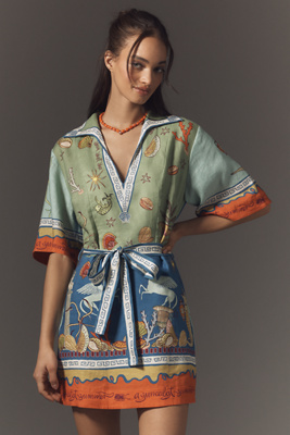 Alemais Surrealist Summer Short-sleeve Linen Mini Dress In Multicolor