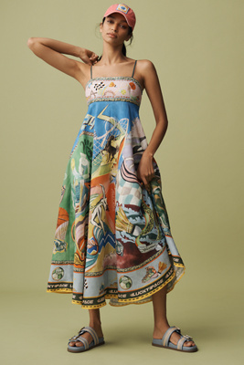 Alemais Lucky Pace Shirred Linen Midi Sun Dress In Multi