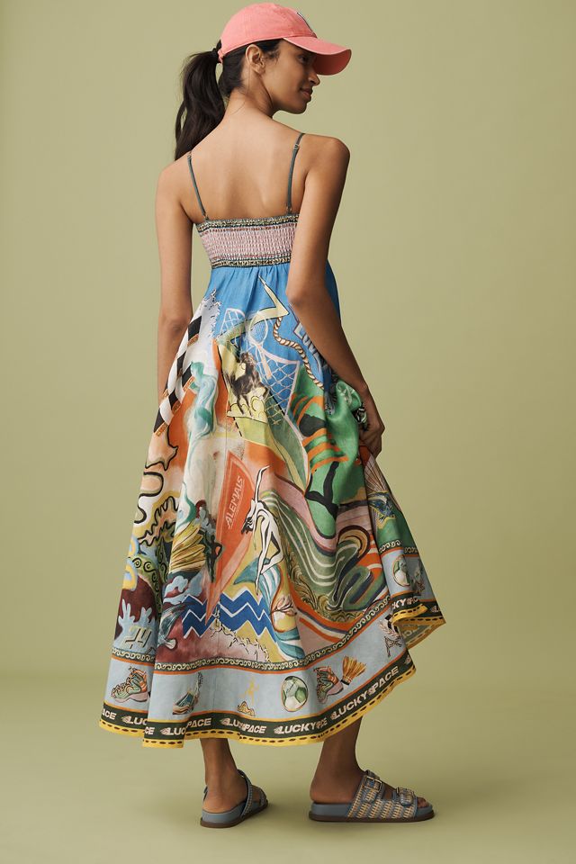 ALÉMAIS Lucky Pace Shirred Linen Midi Sun Dress