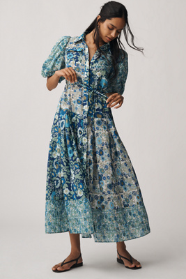 Alemais Sacha Puff-sleeve Midi Shirt Dress In Blue