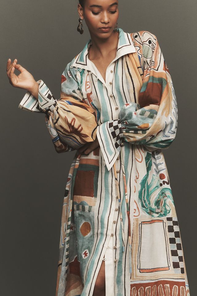 linen shirt dress long sleeve Linen Shirt Dress INK SOFT FADE / S/42