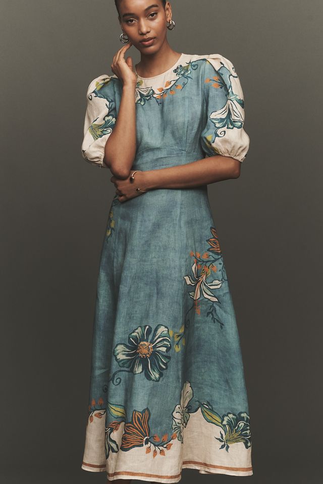 ALÉMAIS Luda Puff-Sleeve Linen Midi Dress | Anthropologie