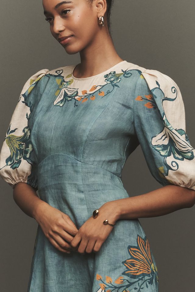 ALÉMAIS Luda Puff-Sleeve Linen Midi Dress | Anthropologie