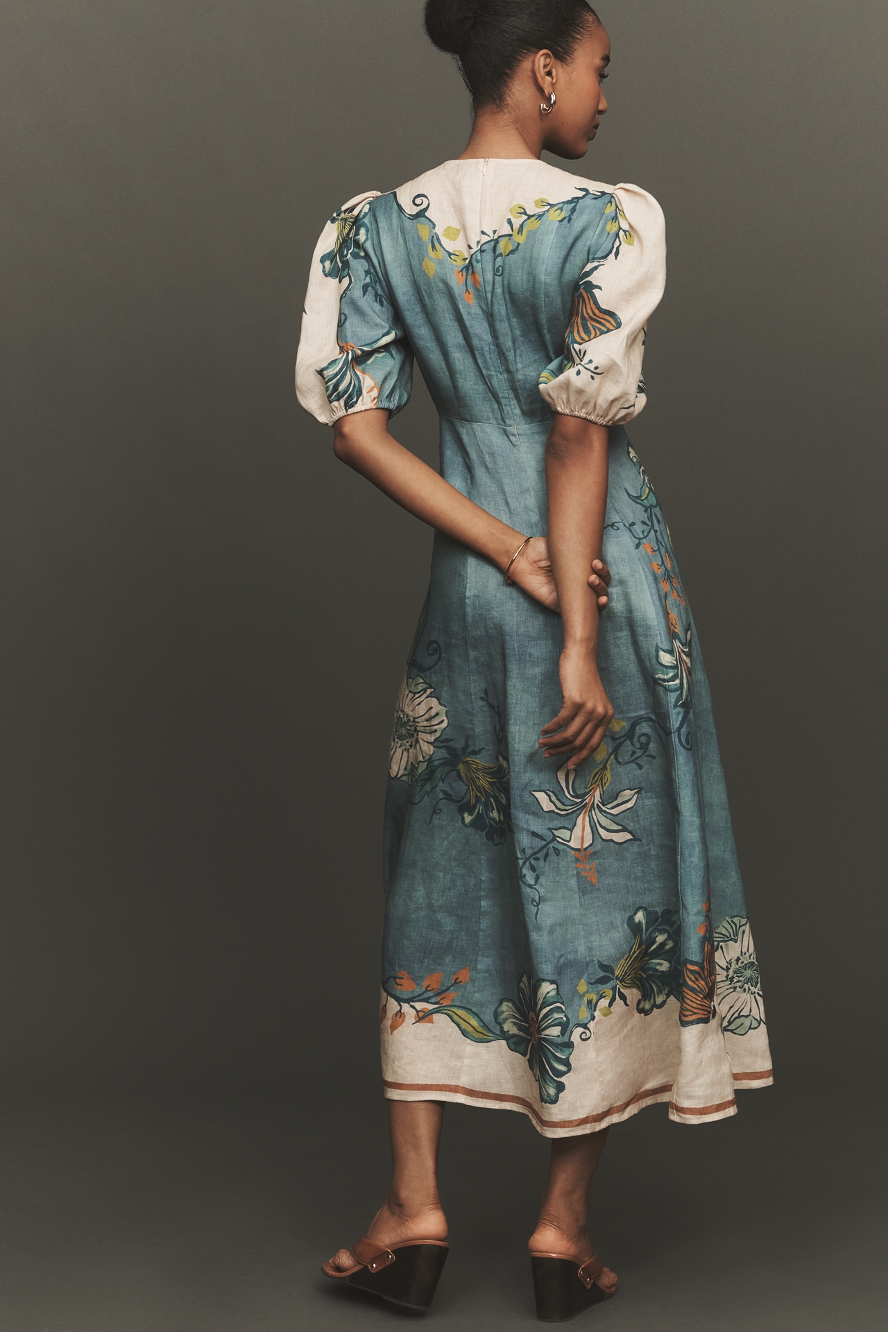 ALÉMAIS Luda Puff-Sleeve Linen Midi Dress