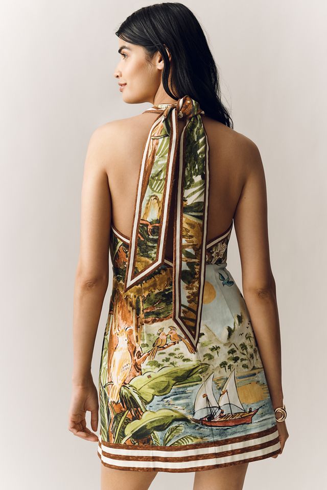 Cotton Toucan Tango Halter Mini Dress by ALMAIS in Green, Size: 10 at Anthropologie