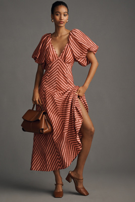 Lovaan Tess Puff-sleeve Linen-silk Midi Dress