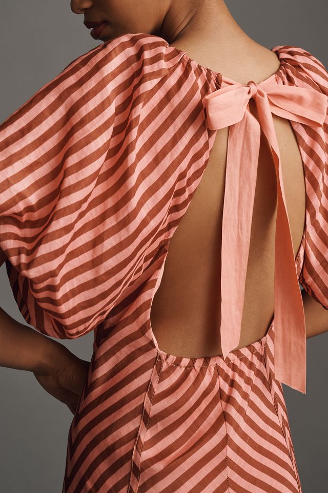 Lovaan Tess Puff-Sleeve Linen-SIlk Midi Dress #1