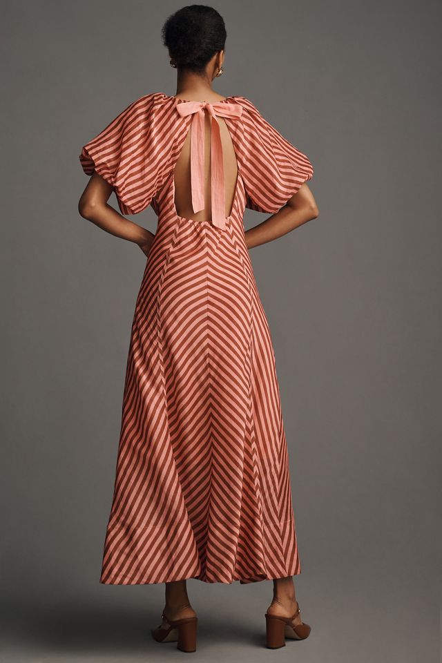 Lovaan Tess Puff-Sleeve Linen-SIlk Midi Dress #2