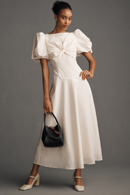 Lovaan Tallulah Puff-sleeve A-line Cotton-silk Midi Dress