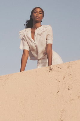Lovaan Mary Short-sleeve Collared Button-front Blouse In White
