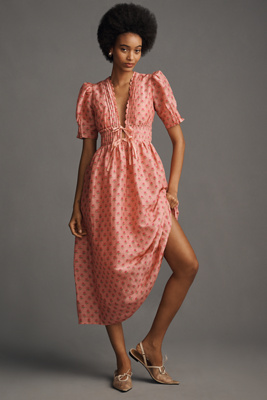 Lovaan Boehm Short-sleeve V-neck Linen-silk Midi Dress