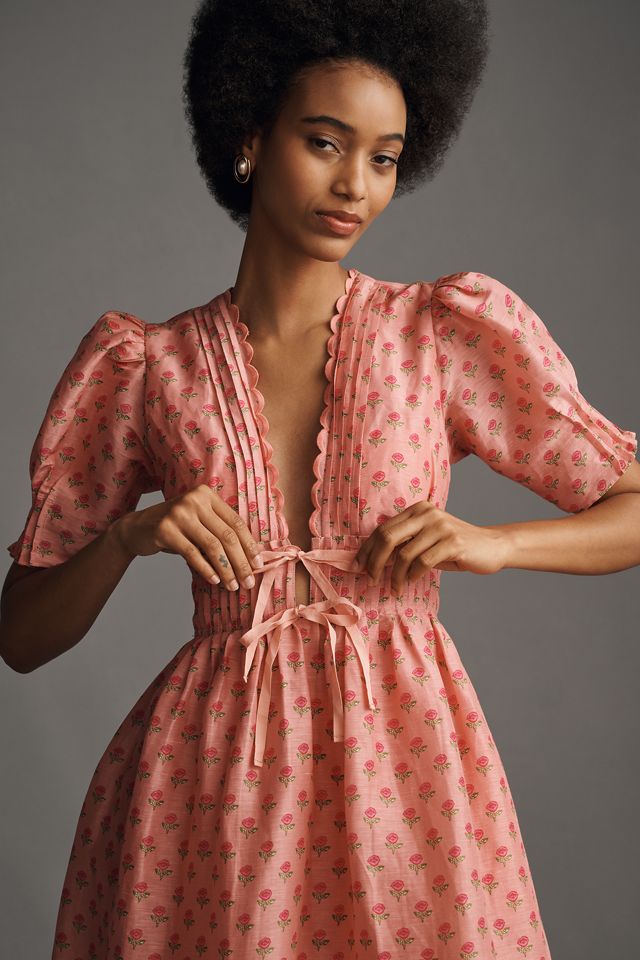 Lovaan Boehm Short-Sleeve V-Neck Linen-Silk Midi Dress #3