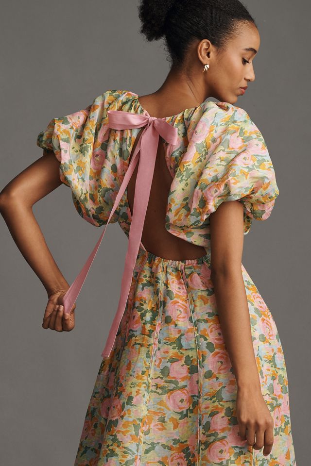 Lovaan Lorna Puff-Sleeve V-Neck Linen-Silk Maxi Dress #1