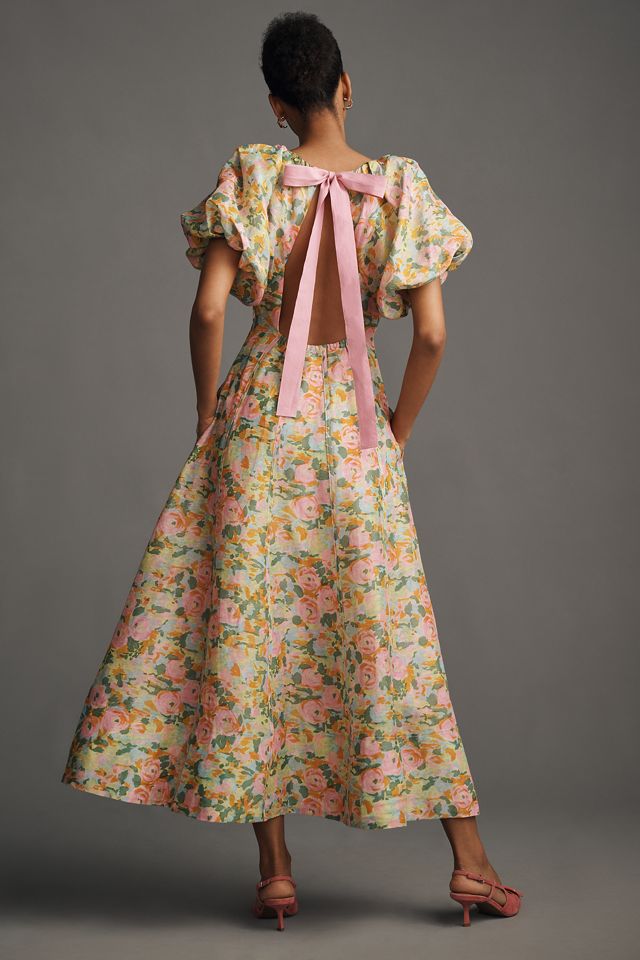 Lovaan Lorna Puff-Sleeve V-Neck Linen-Silk Maxi Dress #2