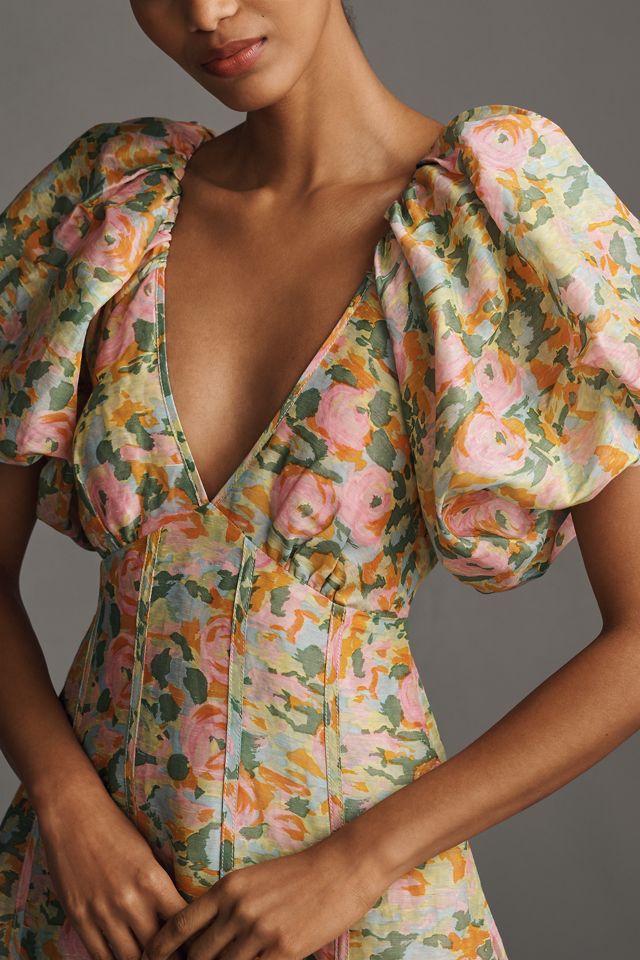 Lovaan Lorna Puff-Sleeve V-Neck Linen-Silk Maxi Dress #3