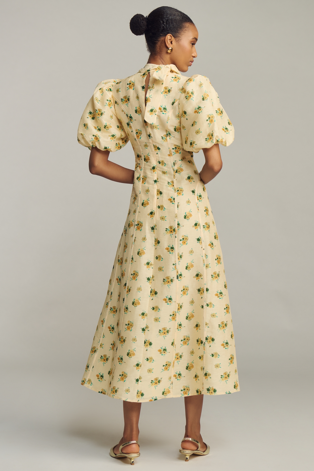 Lovaan Hollie Linen Silk Puff-Sleeve Dress