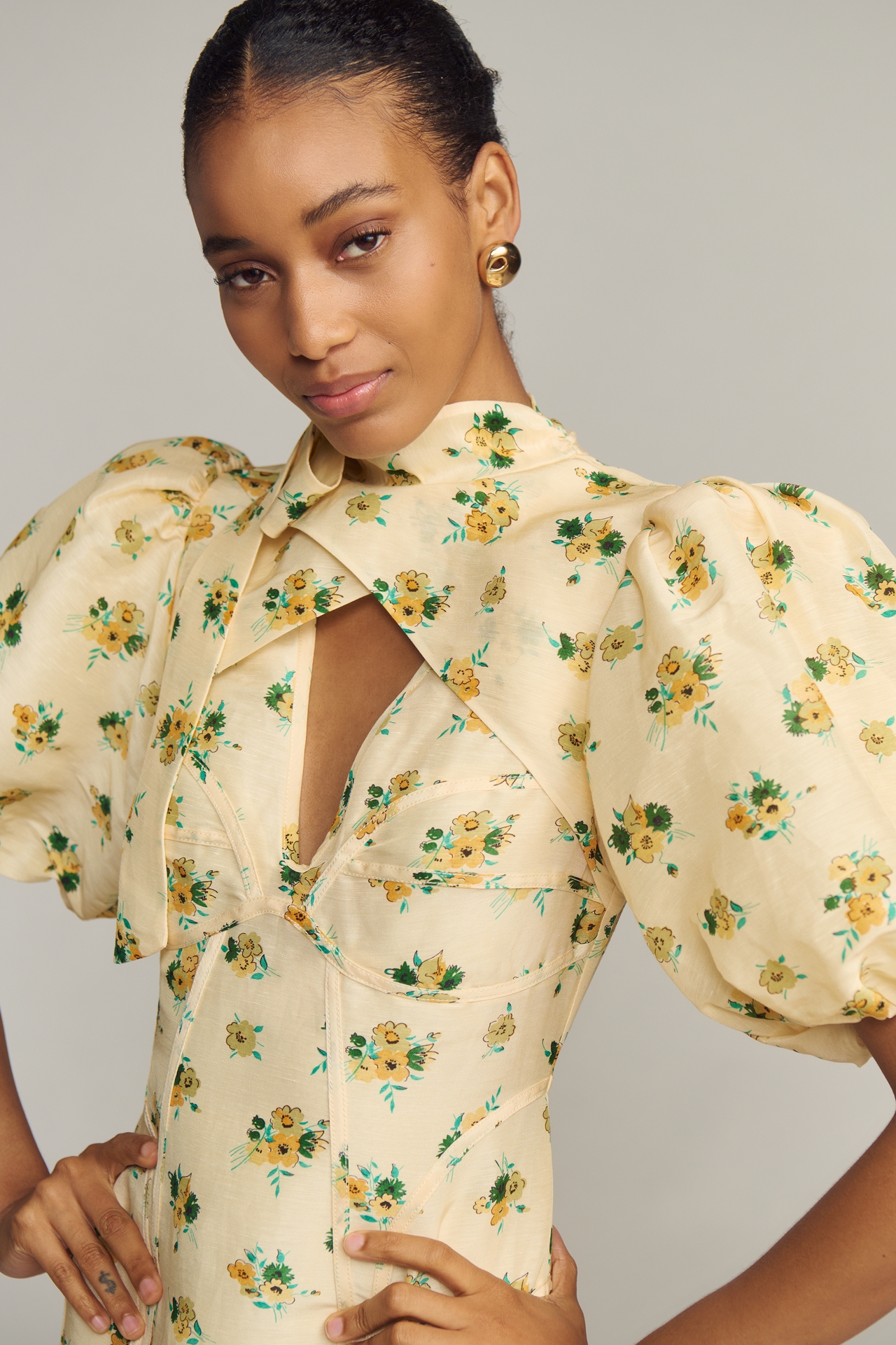 Lovaan Hollie Linen Silk Puff-Sleeve Dress