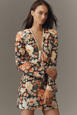 Lovaan Isla Linen-silk Long-sleeve V-neck Mini Dress In Multi