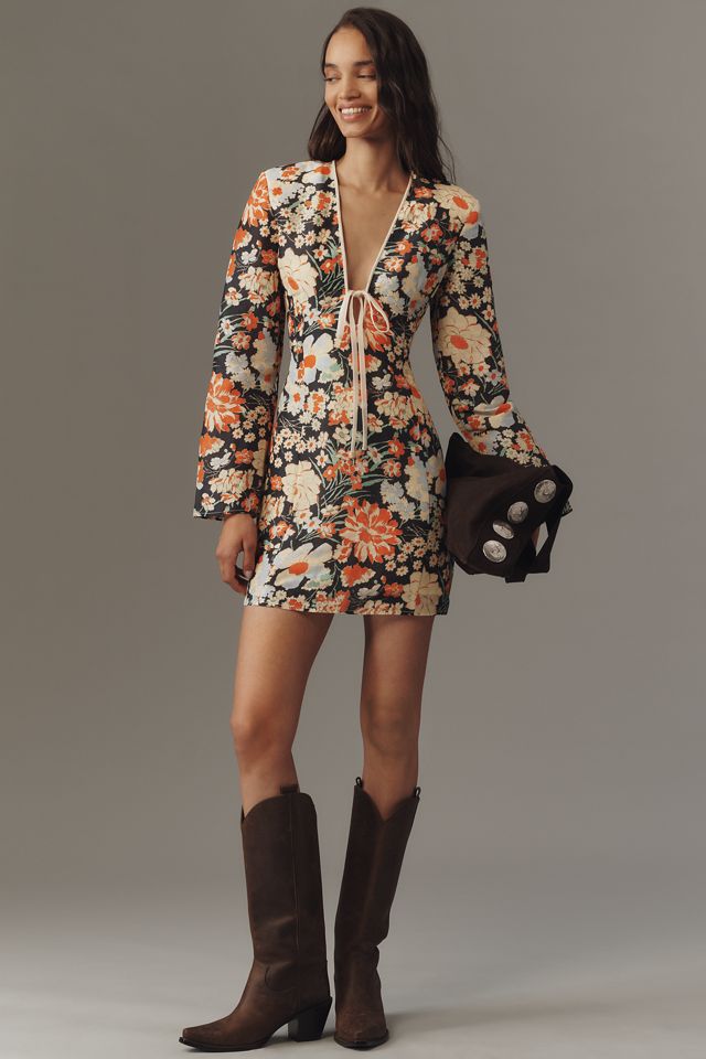 Lovaan Isla Linen-Silk Long-Sleeve V-Neck Mini Dress #3
