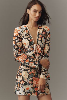 Lovaan Isla Linen-Silk Long-Sleeve V-Neck Mini Dress