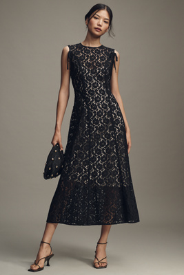 Lovaan Audrey Sleeveless Lace Midi Dress In Black