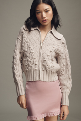 Lovaan Merino Wool Cable-knit Zip-front Sweater In Multi