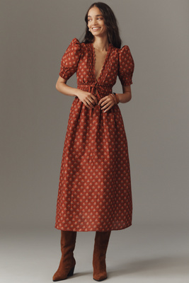 Lovaan Boehm Linen-Silk Puff-Sleeve V-Neck Midi Dress | Anthropologie
