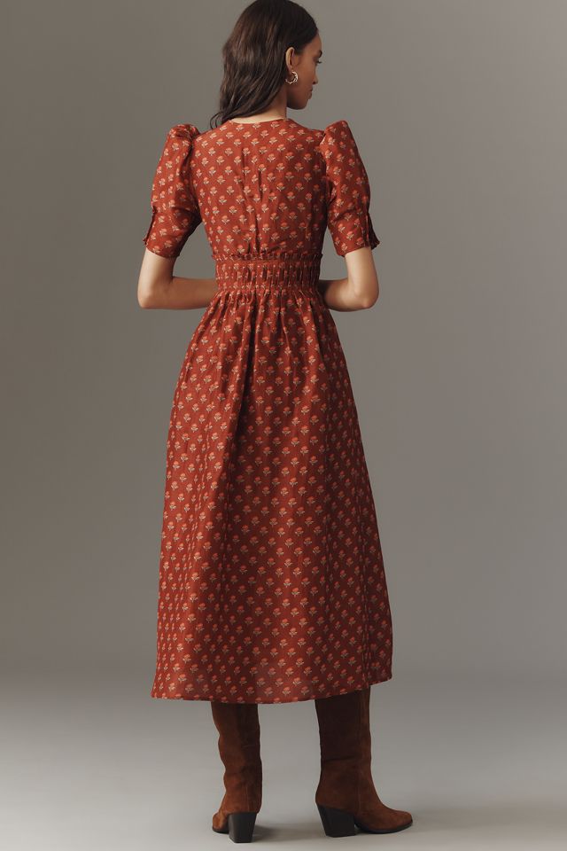 Lovaan Boehm Linen-Silk Puff-Sleeve V-Neck Midi Dress #1