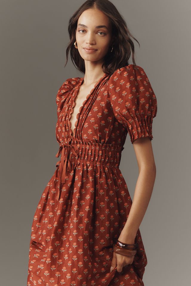 Lovaan Boehm Linen-Silk Puff-Sleeve V-Neck Midi Dress #2