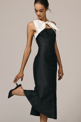 Lovaan Charlotte Sleeveless Taffeta Midi Dress In Black