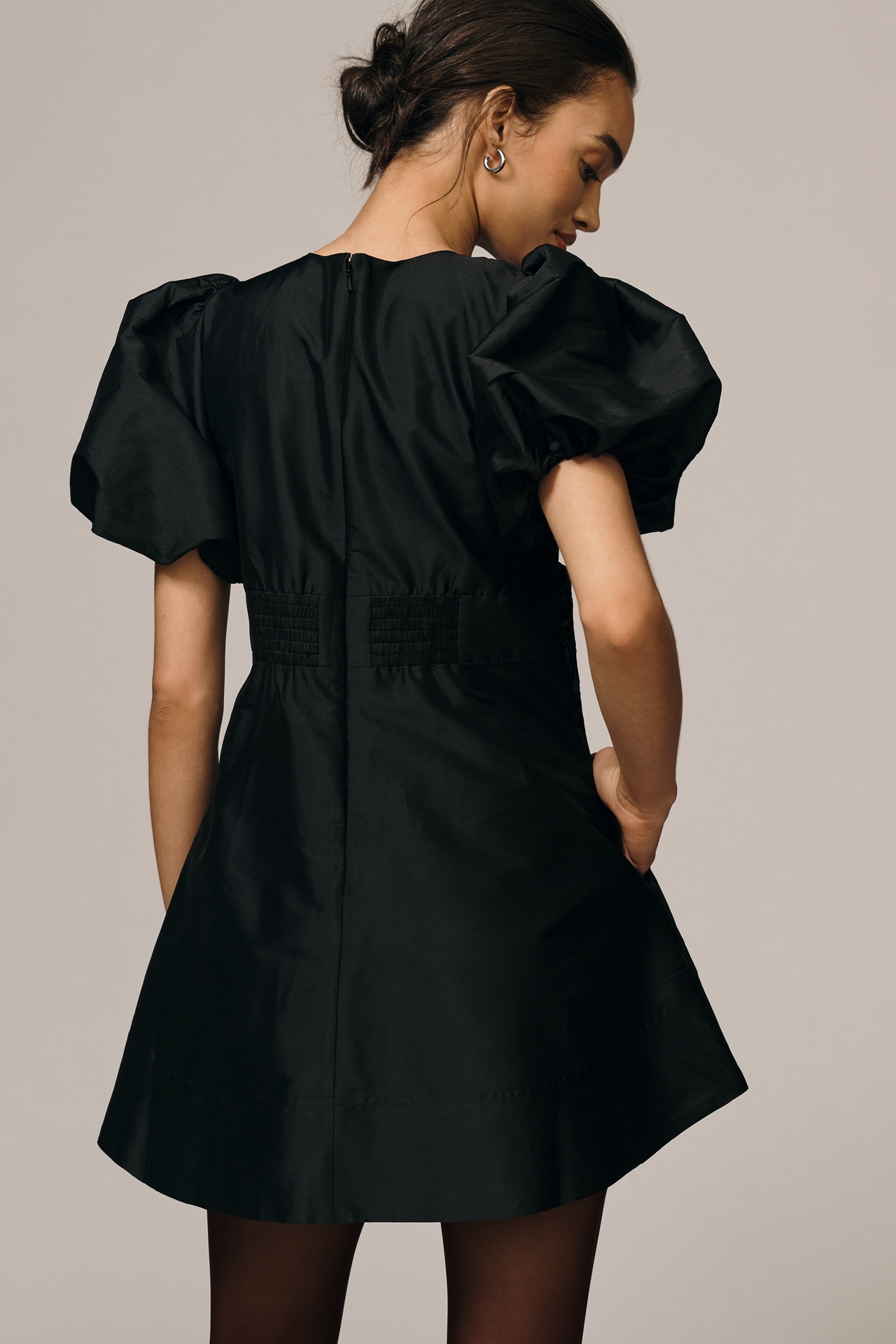 Lovaan Iris Puff-Sleeve Taffeta Mini Dress