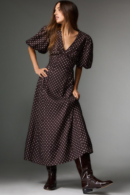 Lovaan Adeline Linen Blend Puff-sleeve Midi Dress In Brown