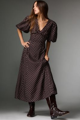 Lovaan Adeline Linen Blend Puff-Sleeve Midi Dress