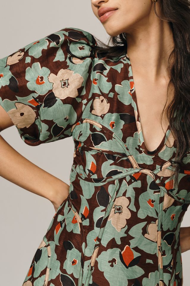 Lovaan Adeline Linen-Silk Puff-Sleeve Midi Dress #1