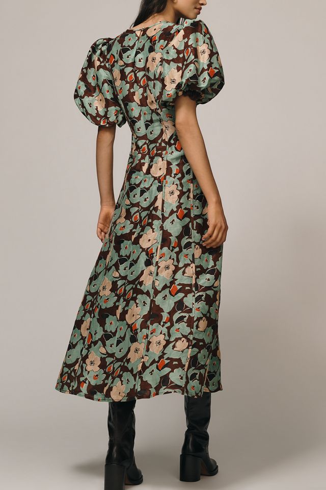 Lovaan Adeline Linen-Silk Puff-Sleeve Midi Dress #2