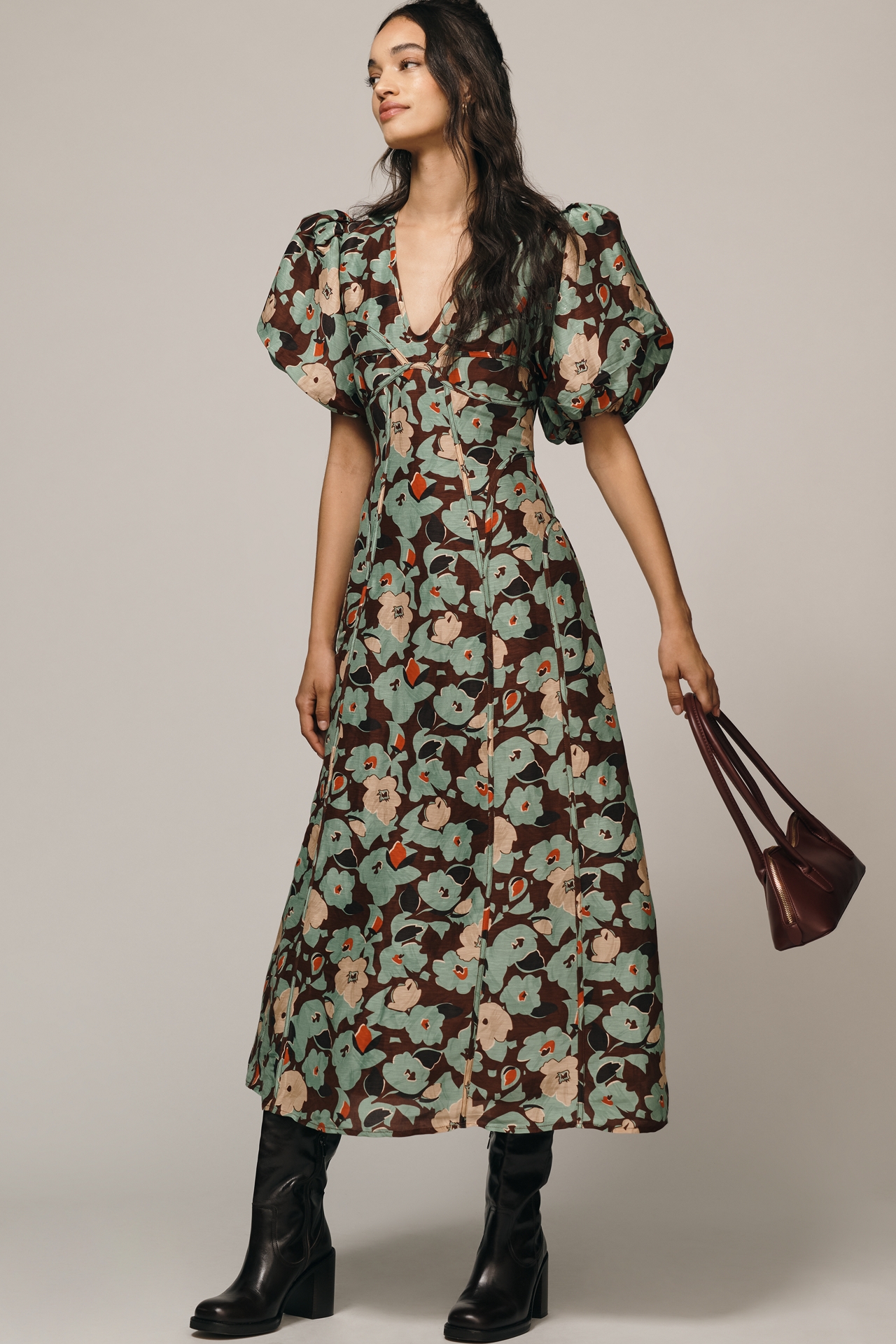 Lovaan Adeline Linen-Silk Puff-Sleeve Midi Dress