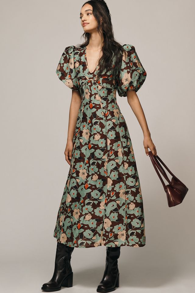 Lovaan Adeline Linen-Silk Puff-Sleeve Midi Dress #4