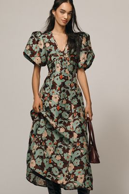 Lovaan Adeline Linen-Silk Puff-Sleeve Midi Dress