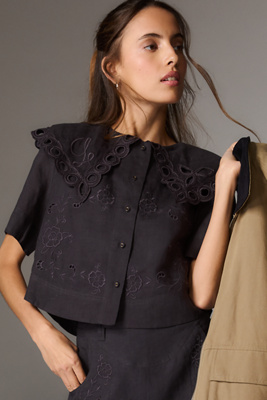 Lovaan Mary Linen Short-sleeve Top In Black