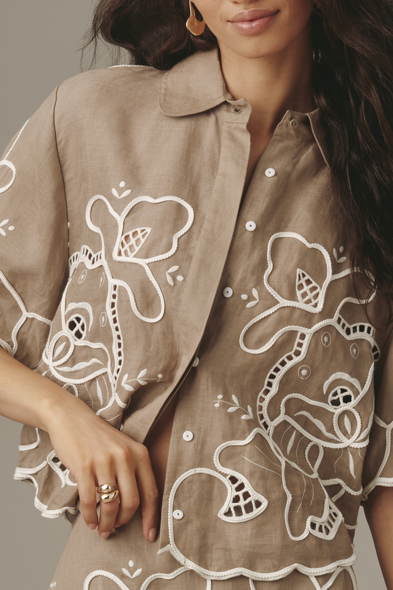 Lovaan Milicent Eyelet Buttondown Linen Shirt