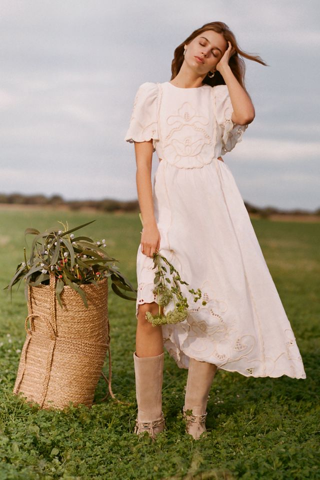 Lovaan Freya A-Line Short-Sleeve Linen Midi Dress | Anthropologie