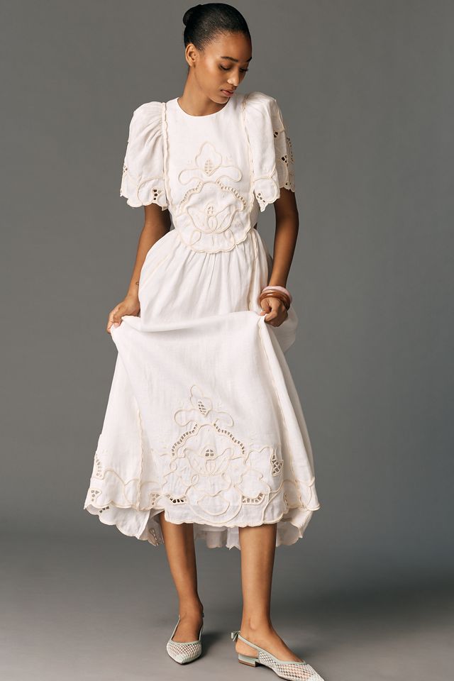 Lovaan Freya A-Line Short-Sleeve Linen Midi Dress | Anthropologie