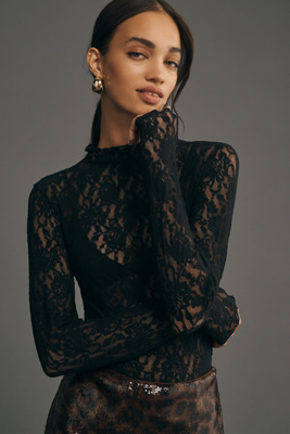 HANKY PANKY LONG-SLEEVE MOCK-NECK SIGNATURE LACE BODYSUIT 