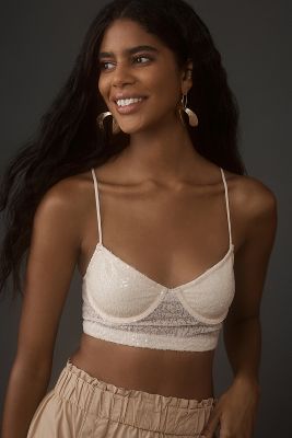 By Anthropologie Sequin Mesh Crop Top In White
