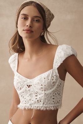 BY ANTHROPOLOGIE PUFF-SLEEVE EYELET CORSET TOP 