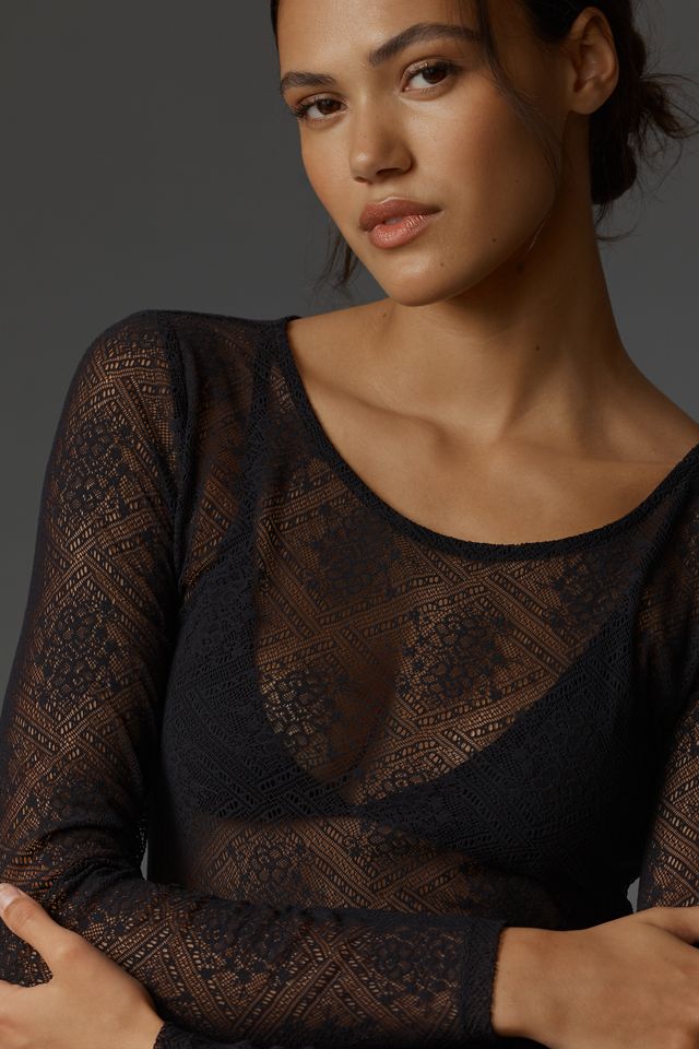 By Anthropologie Long-Sleeve Sheer Lace Top #2